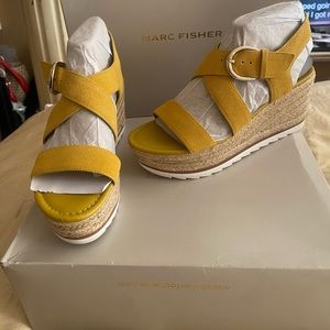 Marc Fisher Zain espadrille wedge sandals mustard yellow suede